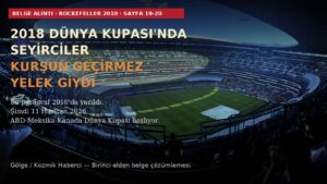 Estadio Azteca Mexico City — 11 Haziran 2026 FIFA Dünya Kupası açılış stadyumu, üzerine Rockefeller 2010 belgesinin Lock Step senaryosu sayfa 19-20 alıntısı bindirilmiş Kozmik Haberci kapağı
