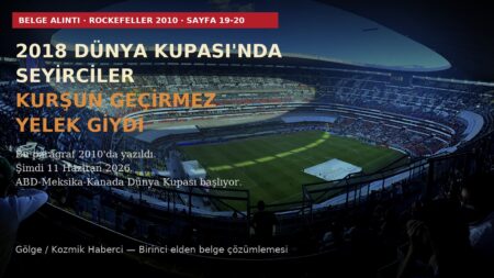 Estadio Azteca Mexico City — 11 Haziran 2026 FIFA Dünya Kupası açılış stadyumu, üzerine Rockefeller 2010 belgesinin Lock Step senaryosu sayfa 19-20 alıntısı bindirilmiş Kozmik Haberci kapağı