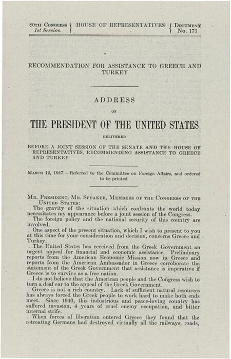 Truman Doktrini — 12 Mart 1947 tarihli Kongre konuşması belgesinin orijinal birinci sayfası