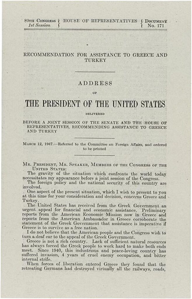 Truman Doktrini’nin Kara Kutusu (1947): “Yardım” Değil Tasma — Türkiye Bu Yıl Borçlandırıldı Truman Doktrini — 12 Mart 1947 tarihli Kongre konuşması belgesinin orijinal birinci sayfası