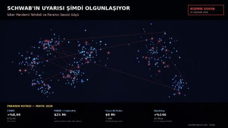 Siber pandemi tehdidi temalı dijital harita: dünya üzerinde kırmızı uyarı noktaları, ağ bağlantıları, paranın siber güvenlik hisselerine akışını gösteren istatistik kutusu (CRWD %8.94, PANW+CyberArk $25B, Cisco AI $9B, Quishing 6)